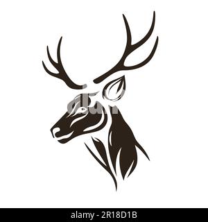 Design con logo a testa di cervo. Disegno astratto faccia cervi. Silhouette nera di cervo con corna. Illustrazione vettoriale Illustrazione Vettoriale