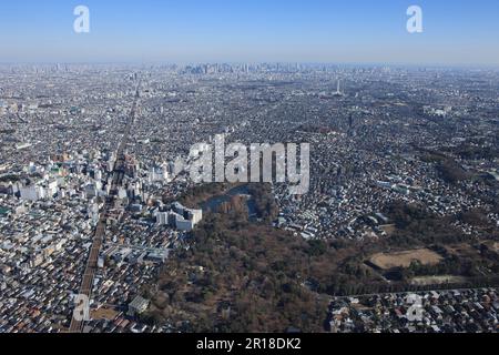 Stazione di Kichijoji ripresa aerea da ovest di fronte al Parco di Inokashira, zona di Shinjuku Foto Stock