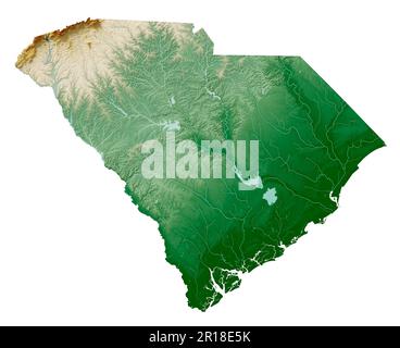 Lo stato degli Stati Uniti del South Carolina. Rendering 3D dettagliato di una mappa in rilievo ombreggiata con fiumi e laghi. Colorato dall'elevazione. Creato con i dati satellitari. Foto Stock