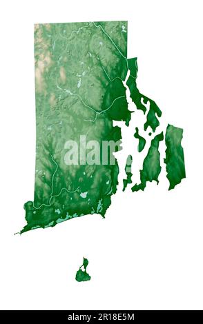 Lo stato americano del Rhode Island. Rendering 3D dettagliato di una mappa in rilievo ombreggiata con fiumi e laghi. Colorato dall'elevazione. Creato con i dati satellitari. Foto Stock