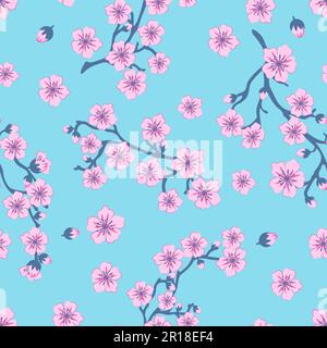Motivo senza cuciture di fiori rosa sakura. Immagine vettoriale di un ramo di un albero fiorito su sfondo blu. Illustrazione Vettoriale
