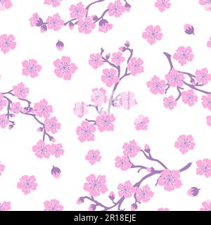 Motivo senza cuciture di fiori rosa sakura. Immagine vettoriale di un ramo di un albero fiorito su sfondo bianco. Illustrazione Vettoriale