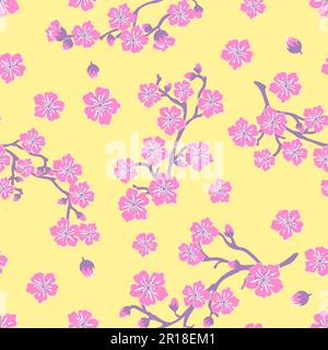 Motivo senza cuciture di fiori rosa sakura. Immagine vettoriale di un ramo di un albero fiorito su sfondo giallo. Illustrazione Vettoriale