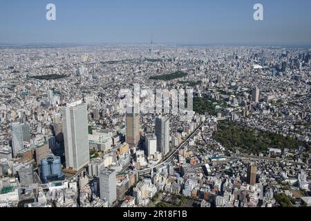 Stazione aerea di Higashi Ikebukuro ripresa dal lato nord-ovest verso la direzione della torre dell'albero del cielo Foto Stock
