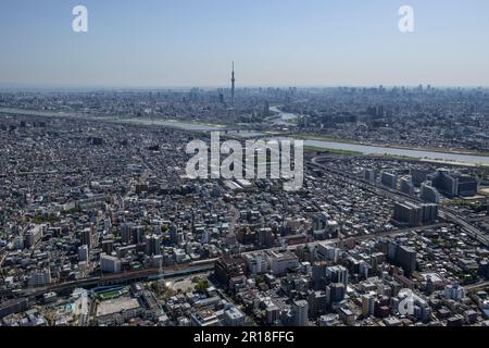 Vista aerea della stazione di Ayase dal lato nord verso la torre dell'albero del cielo Foto Stock