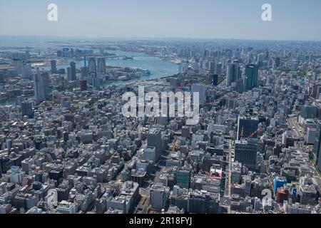 Vista aerea della stazione di Takaracho dal lato nord verso il giardino di hamarikumiya onshi, fiume sumida Foto Stock