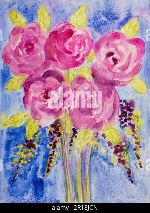 Un bouquet di cinque rose acquerello. La tecnica di dabbing vicino ai bordi fornisce un effetto di messa a fuoco morbido dovuto la ruvidità della superficie alterata della carta. Foto Stock