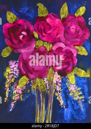 Cinque rose psichedeliche acquerello. La tecnica di dabbing vicino ai bordi fornisce un effetto di messa a fuoco morbido dovuto la ruvidità della superficie alterata della carta. Foto Stock