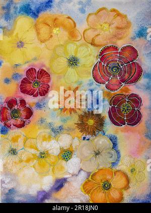 Facile scarabocchiare i fiori acquerelli. La tecnica di dabbing vicino ai bordi fornisce un effetto di messa a fuoco morbido dovuto la ruvidità della superficie alterata della carta. Foto Stock