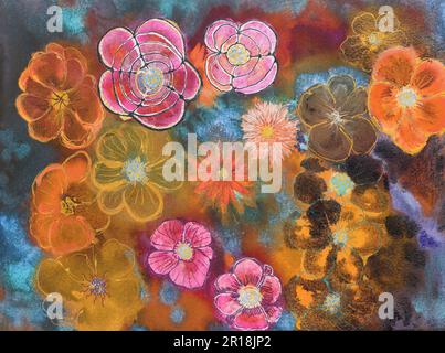 Fantasy psychedlic dei fiori acquerelli. La tecnica di dabbing vicino ai bordi dà un effetto di fuoco morbido dovuto la ruvidità di superficie alterata del p Foto Stock