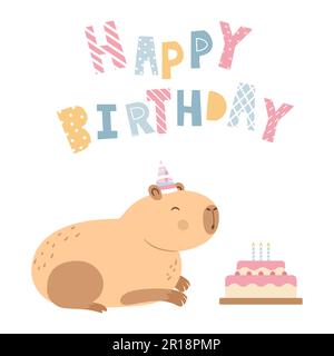 Capybara in un cappello di festa, happybirthday della scritta, biglietto di auguri, isolato su fondo bianco Illustrazione Vettoriale