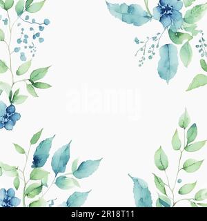 Cornice floreale in acquerello disegnata a mano. Fiori blu con foglie verdi su sfondo bianco. Foglia pianta giardino botanico fogliame floreale. Elegante bordo Illustrazione Vettoriale