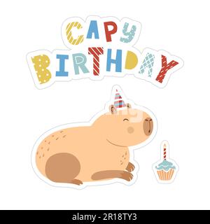 Capybara in un cappello da festa, biglietto di auguri, isolato su sfondo bianco. Lettere di compleanno. Illustrazione Vettoriale