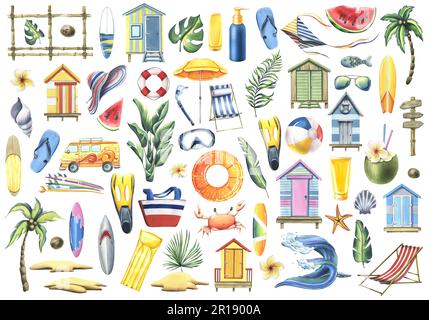 Una grande serie di foto con cabine da spiaggia, tavole da surf, vacanze estive e accessori per le vacanze. Illustrazione acquerello, disegnata a mano. Oggetti isolati Foto Stock