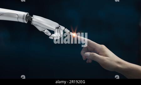 Mano umana dito toccare cyborg robot bianco 3D rendering. Foto Stock
