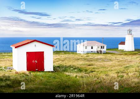 Lighthouse e gli edifici della costa orientale che si affacciano sull'Oceano Atlantico a Cape St Mary's Terranova Canada. Foto Stock