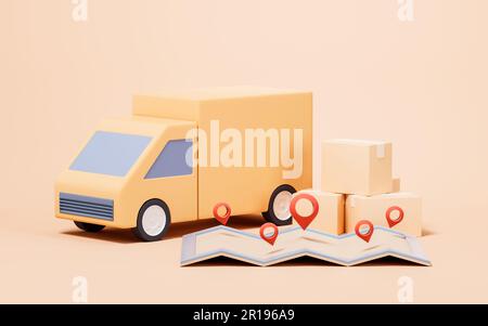 Camion e vano di carico con cartoni animati, rendering 3D. Disegno digitale. Foto Stock