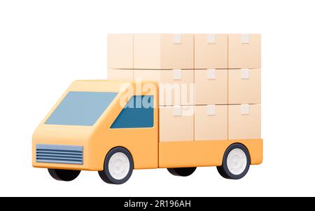 Camion e vano di carico con cartoni animati, rendering 3D. Disegno digitale. Foto Stock