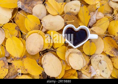 Tazza di caffè a forma di cuore su foglie gialle e brillanti nella foresta. Umore autunnale. Depressione stagionale. L'autunno è il mio periodo preferito dell'anno Foto Stock