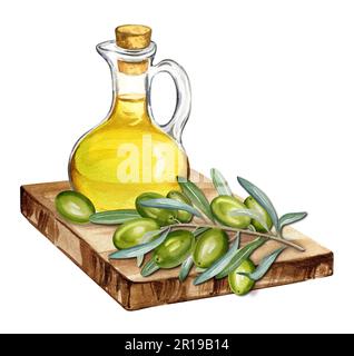 olio d'oliva acquerello in bottiglia di vetro con ramo di olive verdi con foglie e frutti sul tagliere, illustrazione disegnata a mano isolata su erba bianca Foto Stock