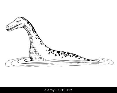 Schizzo vettoriale disegnato a mano con inchiostro di un oggetto isolato. Loch Ness antico animale mostro Nessie, simbolo della Scozia. Dinosauro plesiosauro. Design per il turismo Illustrazione Vettoriale