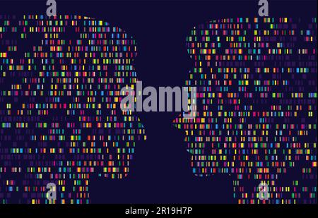 Mappa del genoma umano. Codice a barre della sequenza di test del DNA, grafico dei big data nella silhouette maschile e femminile. Illustrazione dello sfondo del concetto di vettore di confronto tra i sessi Illustrazione Vettoriale
