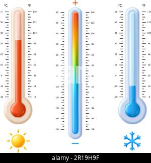 Termometri Fahrenheit e celsius. Scala dello spettro della temperatura con icone sole caldo e fiocco di neve freddo, misurazione meteorologica piatto vettore 3D Illustrazione Vettoriale