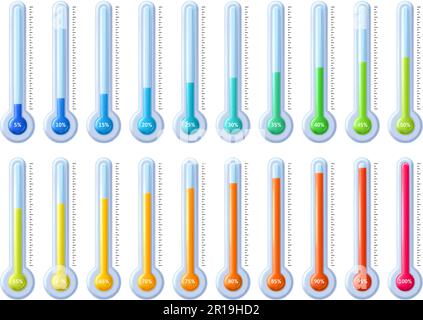Animazione del termometro. Scala percentuale della temperatura, infografica sul successo degli obiettivi e indicatore di processo da bassa temperatura a alta temperatura, illustrazione vettoriale Illustrazione Vettoriale