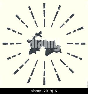 Logo del Tagikistan. Grunge sunburst poster con mappa del paese. Forma del Tagikistan piena di cifre esadecimali con raggi di sole intorno. Bellissimo vecto Illustrazione Vettoriale