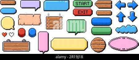 Fotogrammi pixel art. Pulsanti retrò a 8 bit, frecce, messaggi a bolla vocale e virgolette. Set di modelli vettoriali per l'interfaccia utente del gioco Illustrazione Vettoriale