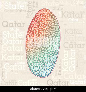 MAPPA DEL QATAR. Nomi dei paesi in diverse lingue e forma della mappa con triangoli geometrici bassi. Vibrante illustrazione vettoriale del Qatar. Illustrazione Vettoriale