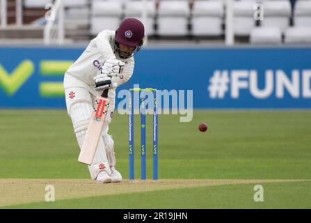 NORTHAMPTON, INGHILTERRA 12-2023 maggio: Saif Zaibo del Northamptonshire giorno 2 del LV= incontro del campionato della contea di assicurazione tra Northamptonshire Vs Nottinghamshire al terreno della contea a Northampton, Inghilterra. Credit: PATRICK ANTHONISZ/Alamy Live News Foto Stock