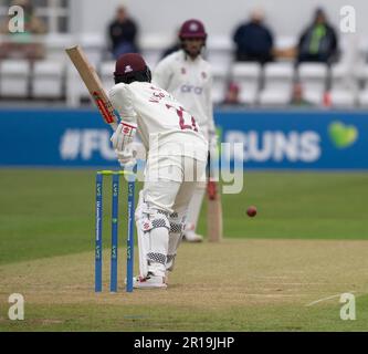 NORTHAMPTON, INGHILTERRA 12-2023 maggio: Ricardo Vasconcelos del Northamptonshire giorno 2 del LV= incontro del campionato della contea di assicurazione tra Northamptonshire Vs Nottinghamshire al County Ground di Northampton, Inghilterra. Credit: PATRICK ANTHONISZ/Alamy Live News Foto Stock