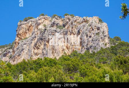 Pareti rocciose a strapiombo del sito Puig d'Alaro del Castell D'Alaro nei Monti Tramuntana di Maiorca Spagna Foto Stock