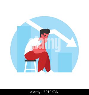 Uomo triste seduto su sgabello e che soffre di depressione. Illustrazione vettoriale in stile piatto Illustrazione Vettoriale