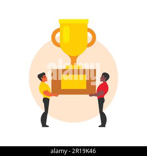 Uomo e donna in possesso di coppa trofeo d'oro. Illustrazione vettoriale in stile piatto Illustrazione Vettoriale
