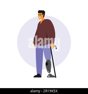 Uomo disabile con illustrazione vettoriale a stampelle piatte. Uomo cartone animato con stampelle isolate su sfondo bianco. Illustrazione Vettoriale