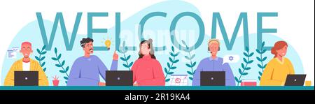 Benvenuto al team. Parola di benvenuto del nuovo lavoratore o membro del team, illustrazione del vettore del messaggio di celebrazione del nuovo membro Illustrazione Vettoriale