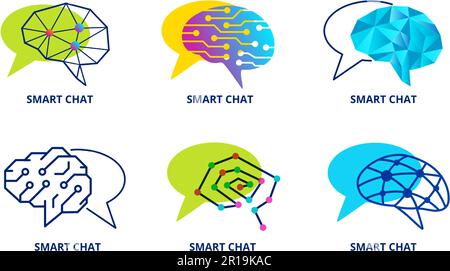Modello di emblema della chat intelligente. Chatbot talk, intelligenza artificiale cervello dialogo e ai voce vettore icone set Illustrazione Vettoriale