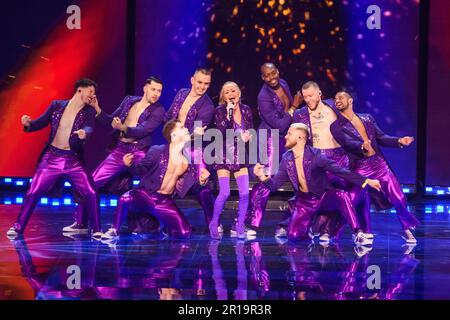 Liverpool, Regno Unito. 12 maggio 2023. Sonia si esibisce durante le prove di vestito per la finale del Concorso di canzoni Eurovision alla M&S Bank Arena di Liverpool. Data immagine: Venerdì 12 maggio 2023. Il credito fotografico dovrebbe essere: Matt Crossick/Alamy Live News Foto Stock