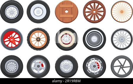 Ruota di trasporto cartone animato. Set di elementi vettoriali per auto sportive, cart in legno vintage, ruote vecchio treno e bicicletta Illustrazione Vettoriale