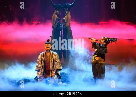 Liverpool, Regno Unito. 12 maggio 2023. Pasha Parfeni in rappresentanza della Moldova durante le prove di vestito per la finale del Concorso di canzoni Eurovision alla M&S Bank Arena di Liverpool. Data immagine: Venerdì 12 maggio 2023. Il credito fotografico dovrebbe essere: Matt Crossick/Alamy Live News Foto Stock