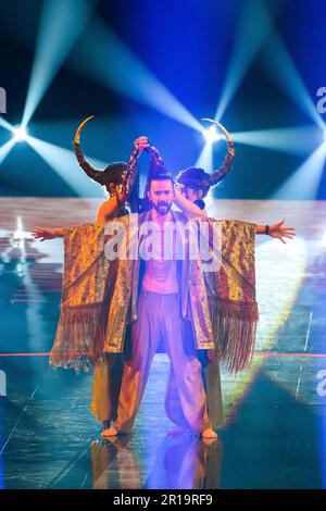 Liverpool, Regno Unito. 12 maggio 2023. Pasha Parfeni in rappresentanza della Moldova durante le prove di vestito per la finale del Concorso di canzoni Eurovision alla M&S Bank Arena di Liverpool. Data immagine: Venerdì 12 maggio 2023. Il credito fotografico dovrebbe essere: Matt Crossick/Alamy Live News Foto Stock