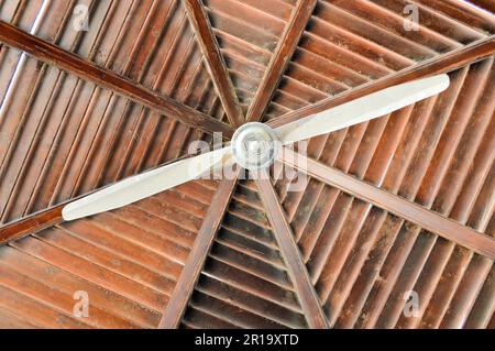 La struttura di un tetto in legno marrone è astratta dalle travi di tronchi disposti verticalmente orizzontalmente e un grande ventilatore a soffitto dal calore. Il backgr Foto Stock