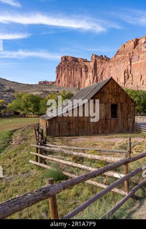 Storico fienile Pendleton nella piccola comunità agricola pioniera di Fruita, ora nel Capitol Reef National Park, Utah. Il fienile ha più di 100 anni. Foto Stock