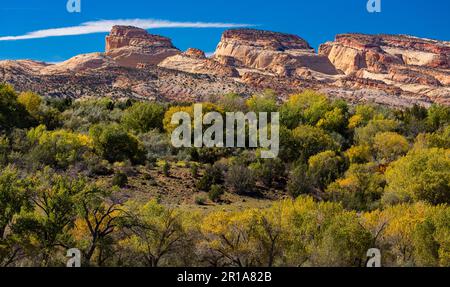 Il Trono d'Oro e altre formazioni di arenaria erose nel Capitol Reef National Park nello Utah, visto da Notom Road. Foto Stock