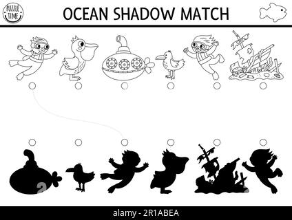Sotto il mare attività di corrispondenza delle ombre bianche e nere. Puzzle Ocean line con carino subacqueo, sottomarino, pellicano, nave relitto. Trovare la silhouette corretta p Illustrazione Vettoriale