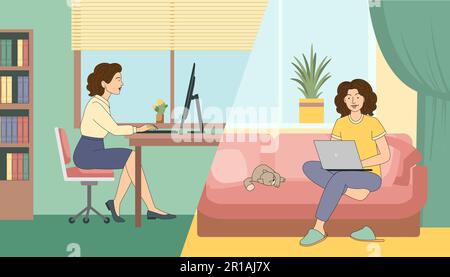 Donna d'affari al lavoro ibrido seduta a tavola tra ufficio e casa ambiente accogliente, illustrazione vettoriale in stile cartone animato piatto Illustrazione Vettoriale