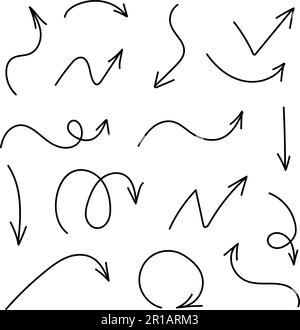 Una serie di frecce disegnate a mano. Elementi vettoriali neri con frecce disegnate a mano. Illustrazione Vettoriale