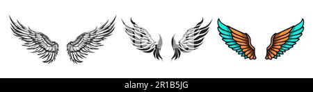 Serie di icone ali. Badge con ali. Stemmi con ali da collezione. Illustrazione vettoriale. Illustrazione Vettoriale